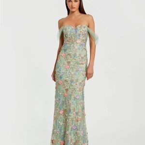 Mac Duggal Green Off-the-Shoulder Embroidered Bustier Column Gown